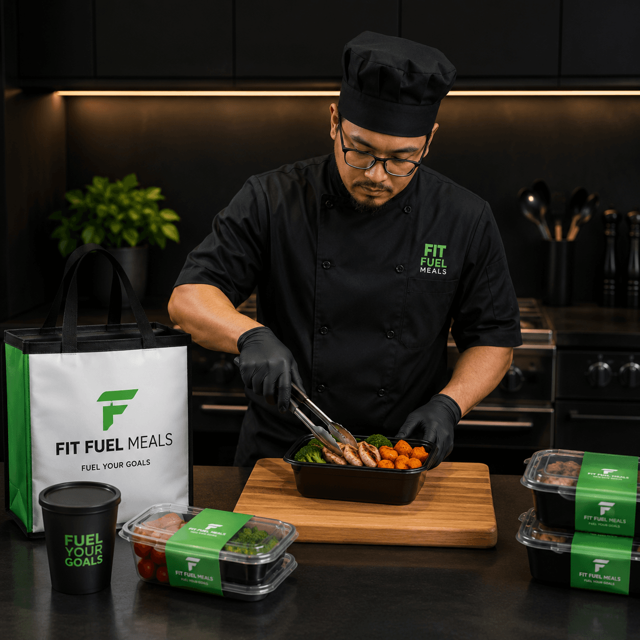 A Fit Fuel chef plating fresh meals in the East Vancouver kitchen